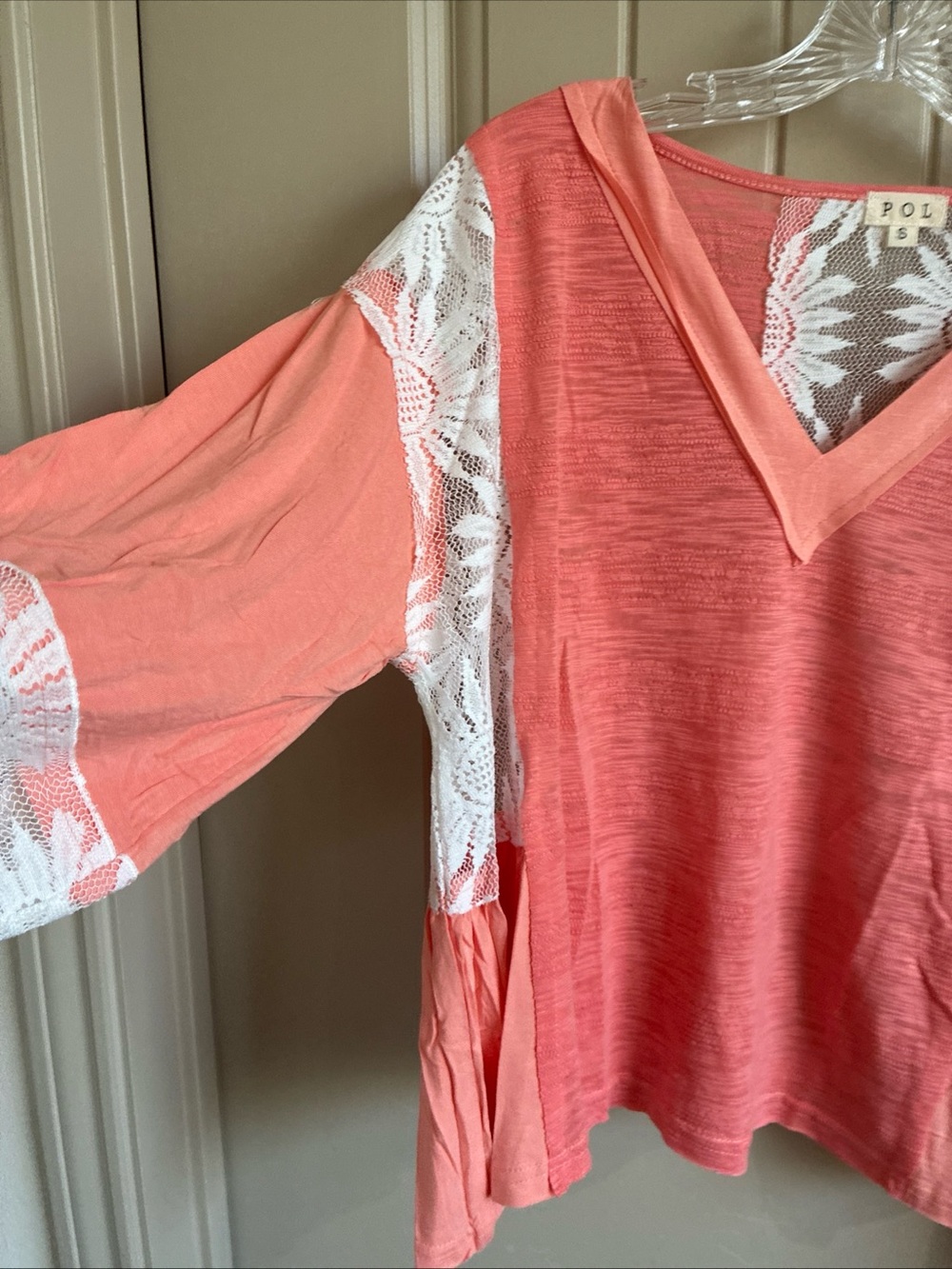 POL Coral V-Neck Top with White Crochet Sleeves - Picture 3 of 9